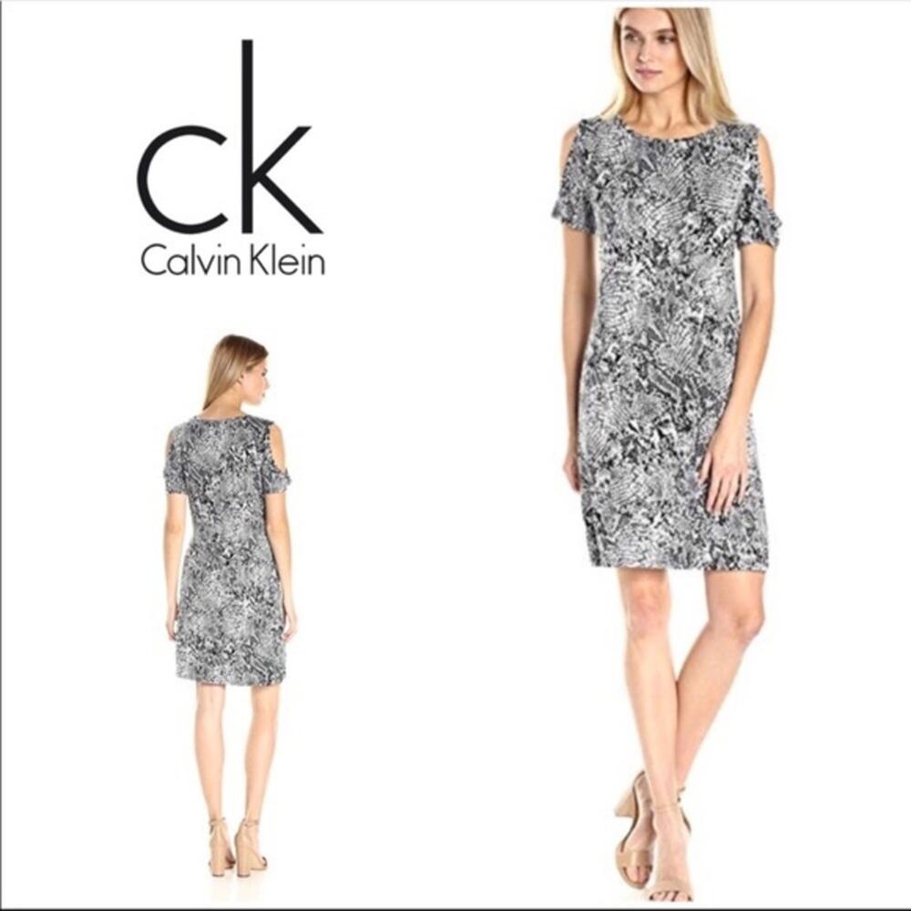 Calvin Klein Snakeskin Black White Coldβ Shoulder Dress Medium